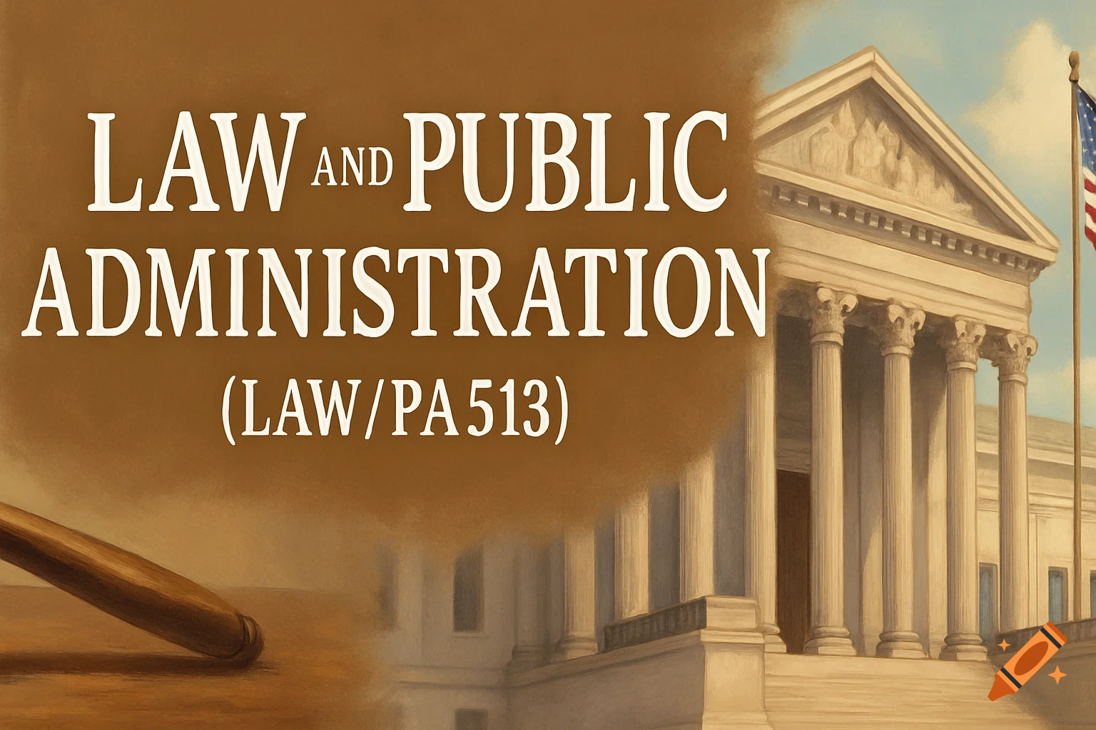Banner for Law and Public Administration course with text, courthouse, and gavel