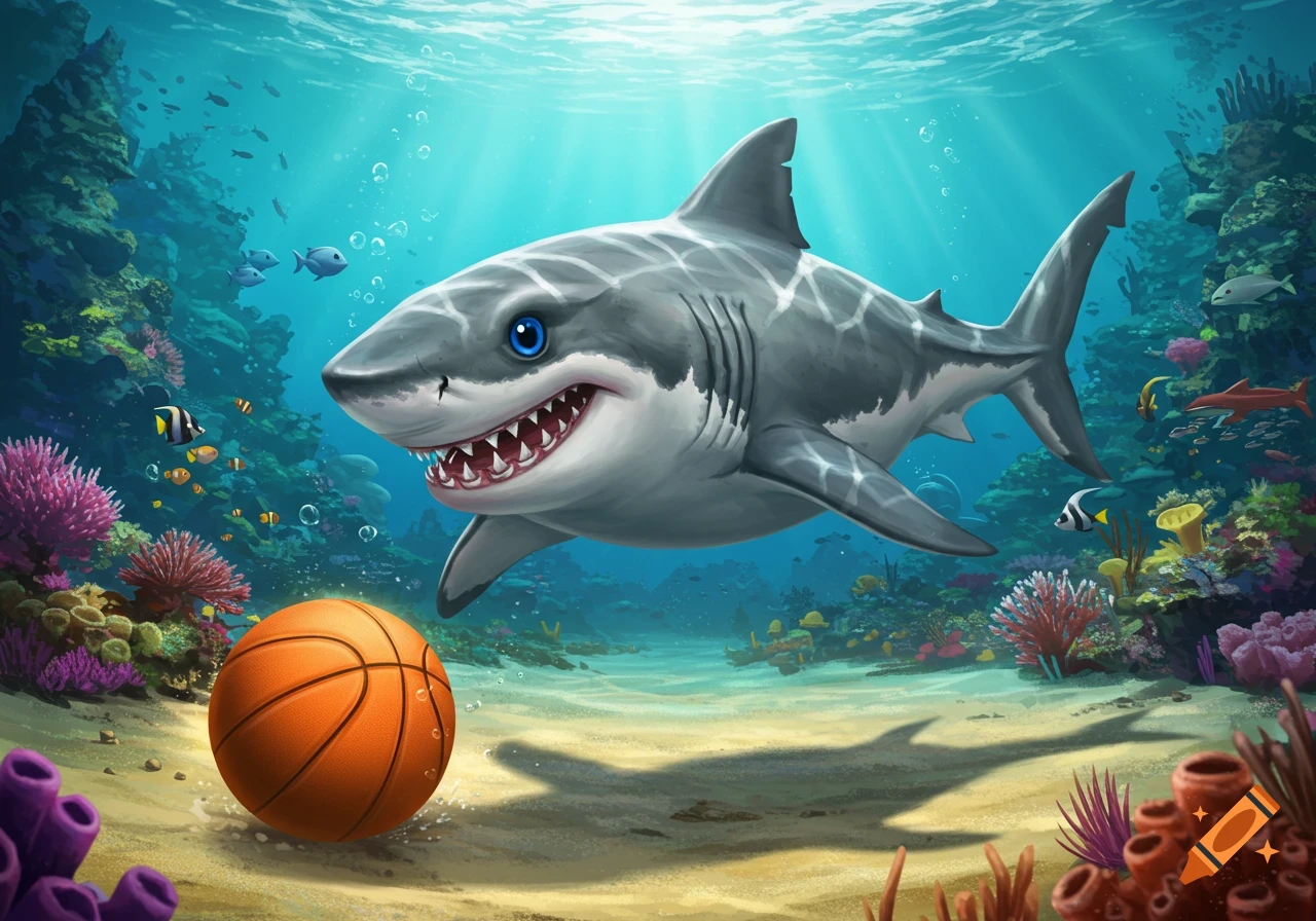A cartoon shark swims underwater near a basketball.