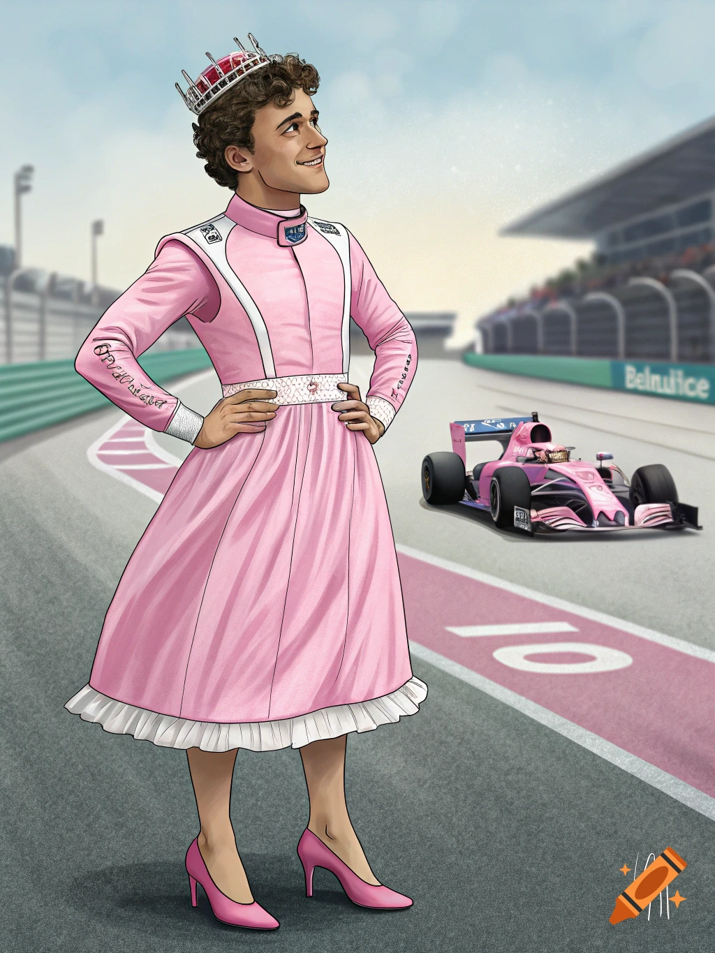 Illustration of a male figure wearing a pink racing suit dress and crown on a race track with a pink race car in the background.
