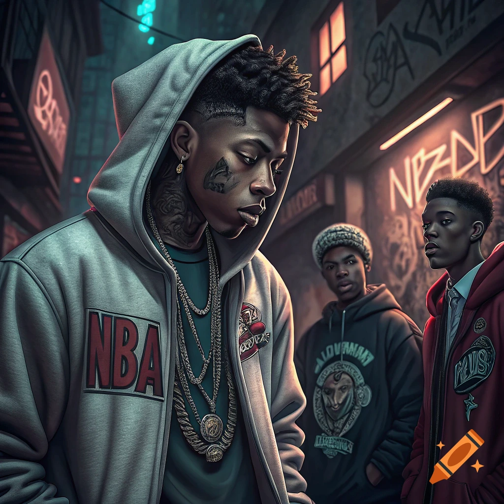 Young men in streetwear on an urban street at night, cinematic style.