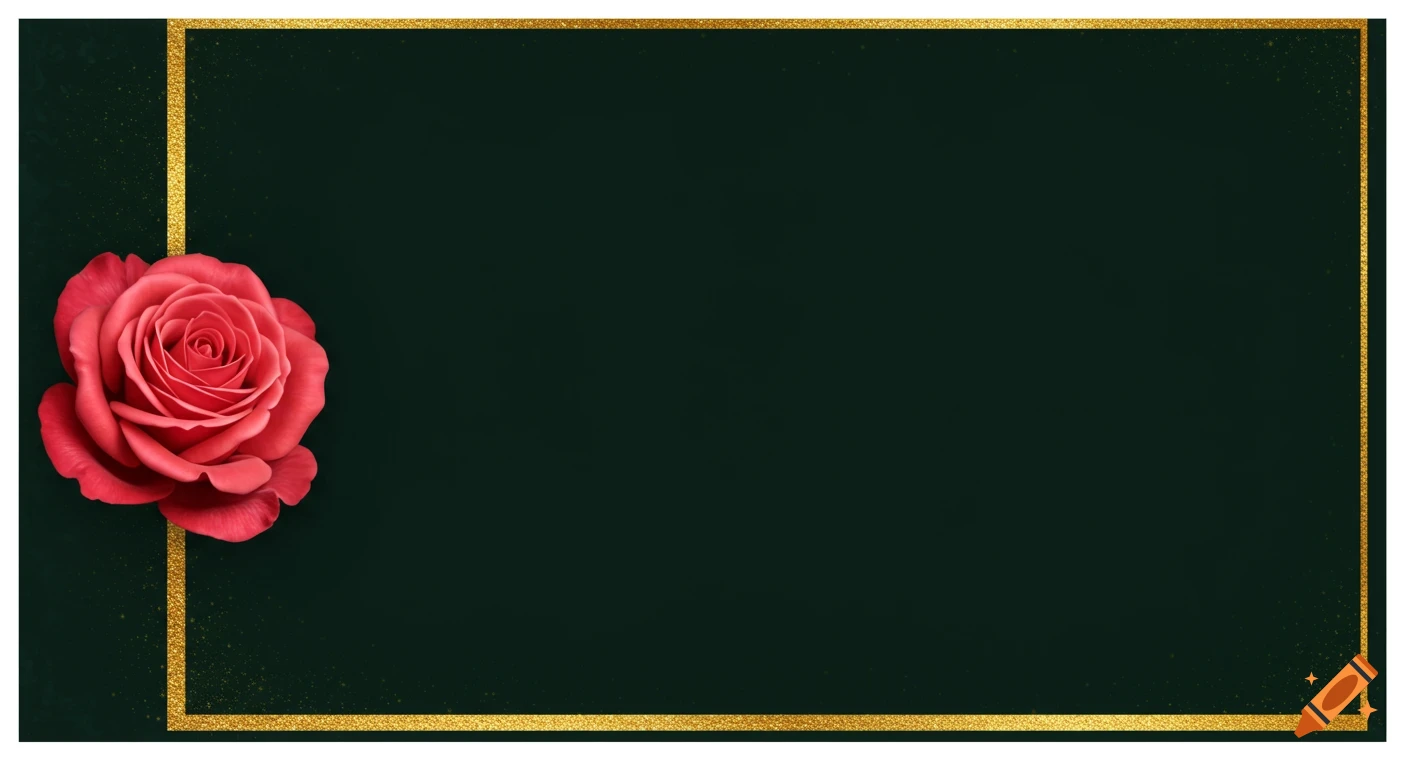 Dark green background with gold border and a red rose in the top left corner.