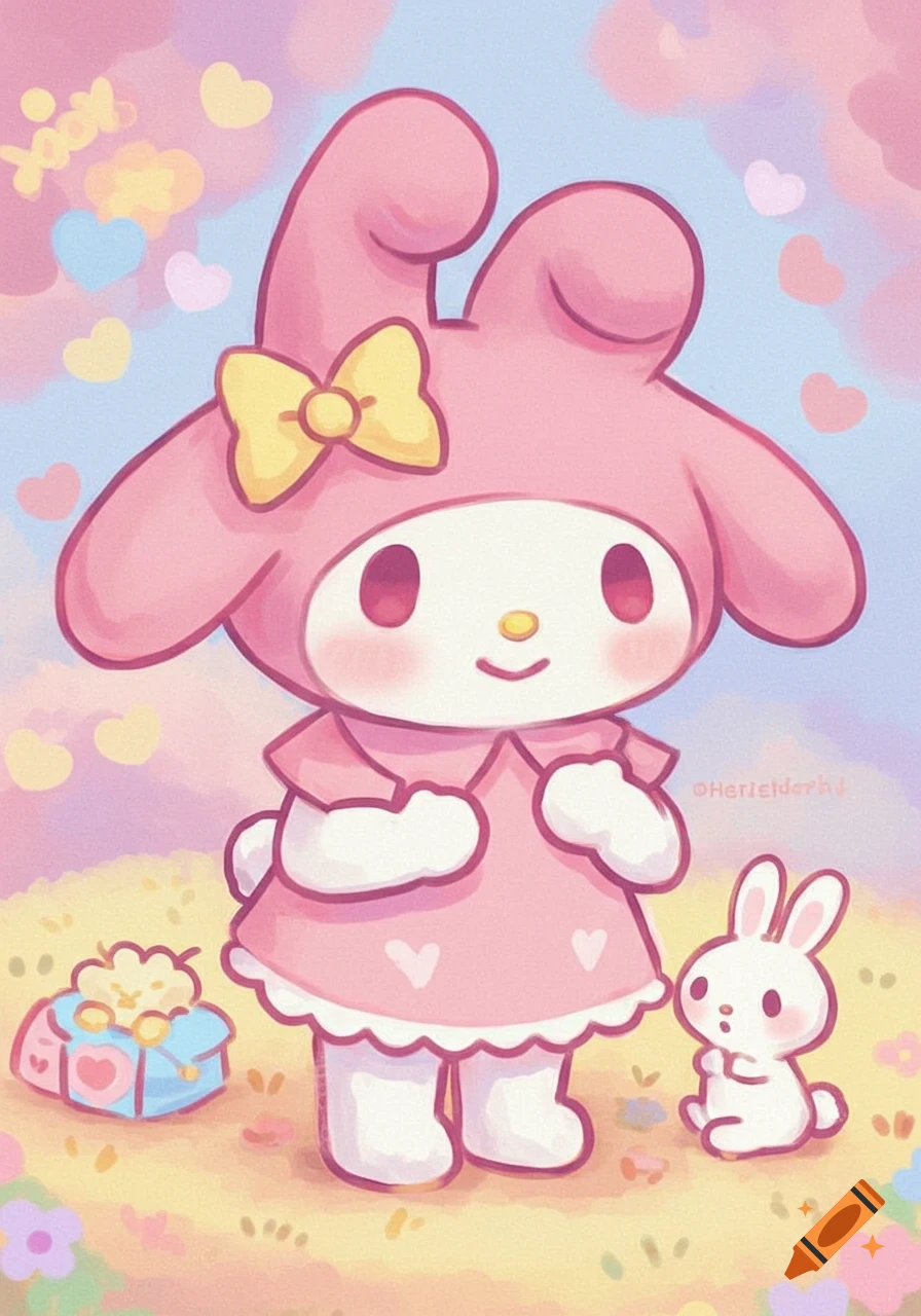 My Melody standing in a field with a small white rabbit and a gift, pastel watercolor style.