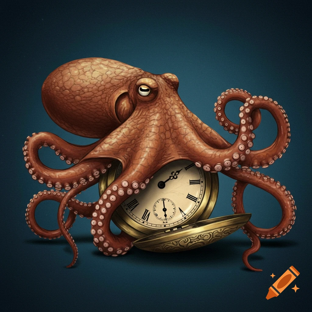 An illustration of a brown octopus with a pocket watch as its body.