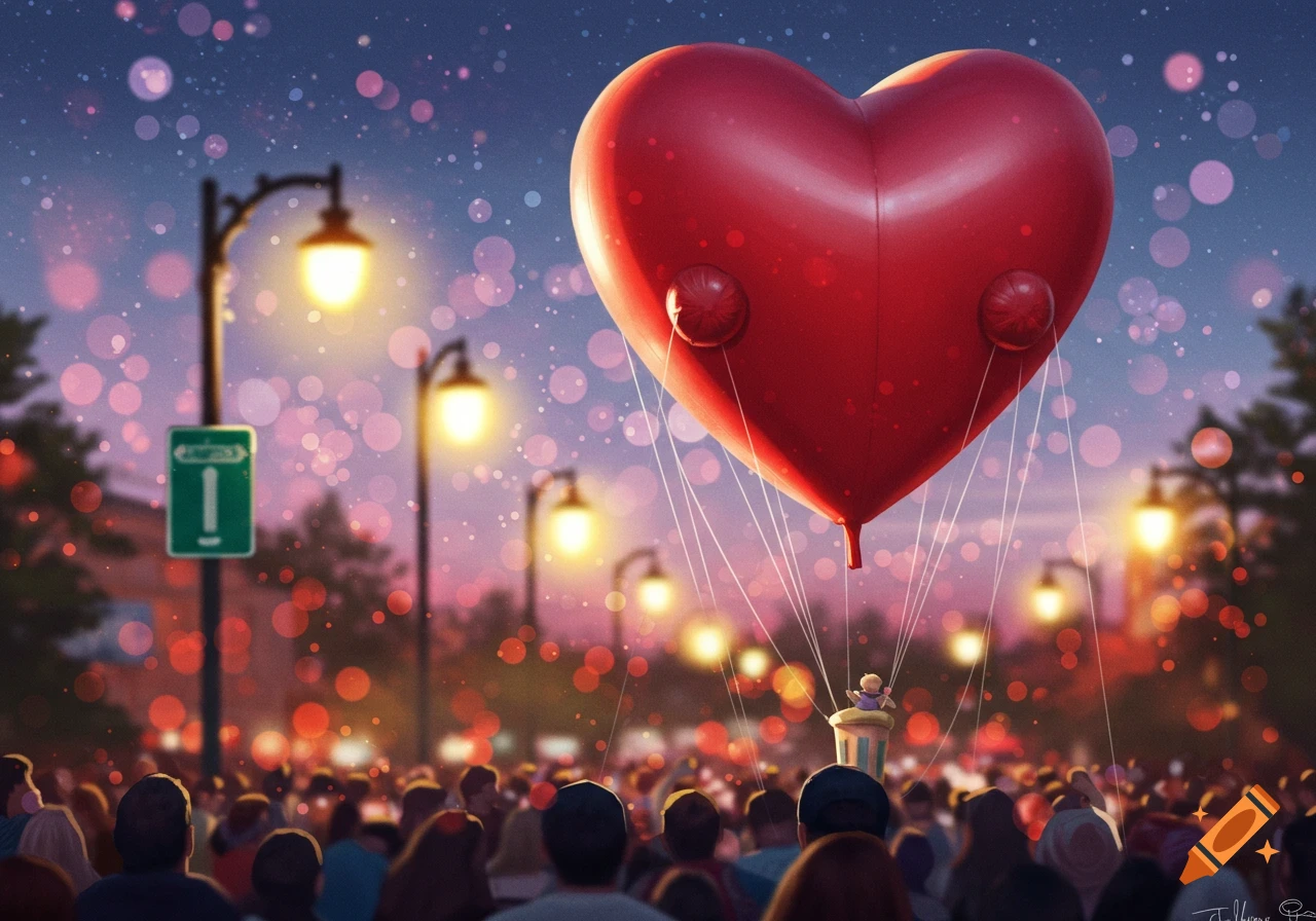 A large red heart-shaped balloon floats over a crowd at night during a parade.