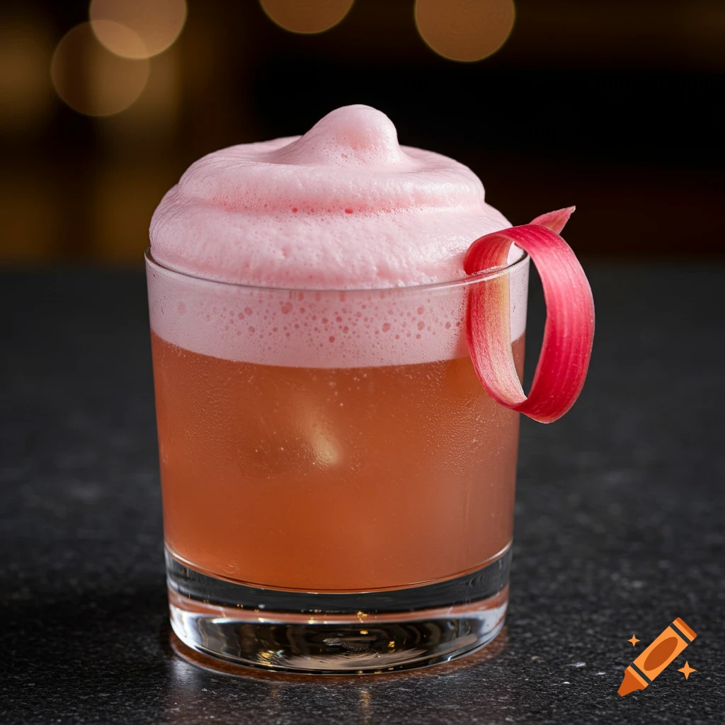 A cocktail with pink foam and a rhubarb peel garnish in a glass.