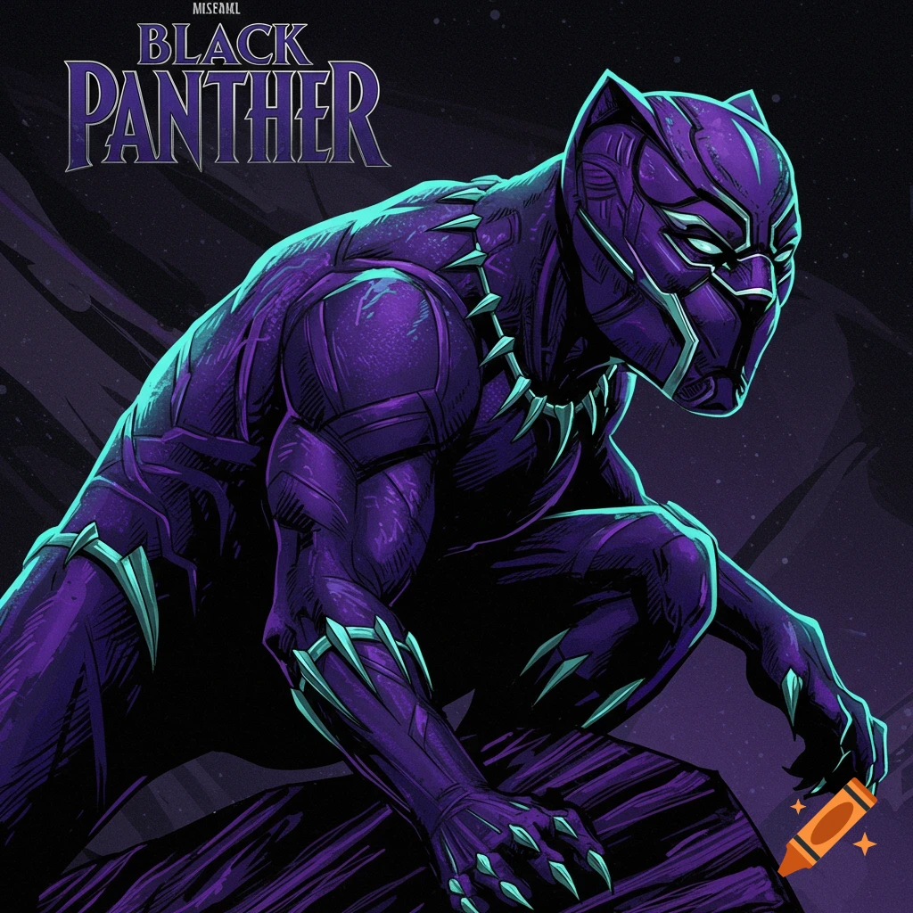 Purple and teal illustration of Marvel's Black Panther crouching with title text.