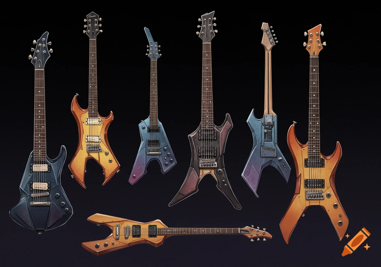 Collection of stylized electric guitars with unique body shapes.