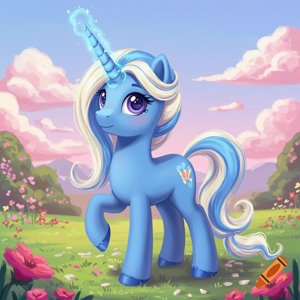 A blue unicorn pony with blonde and blue mane in a field of flowers under a pink sky.