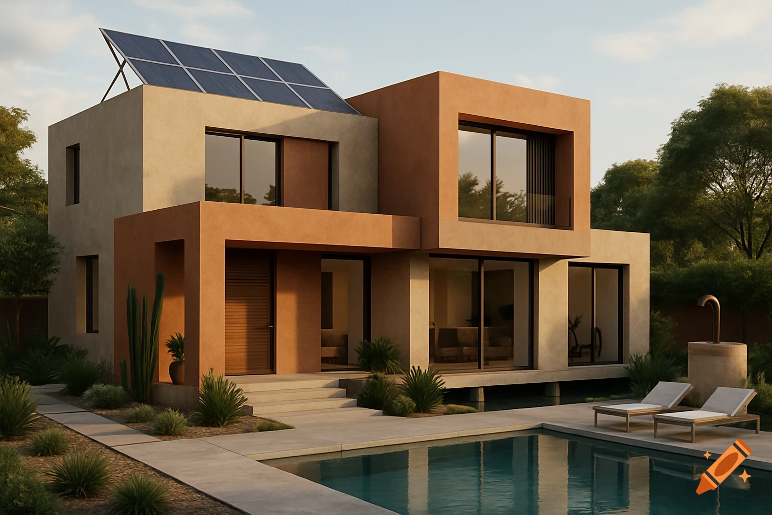 Modern house with solar panels and pool