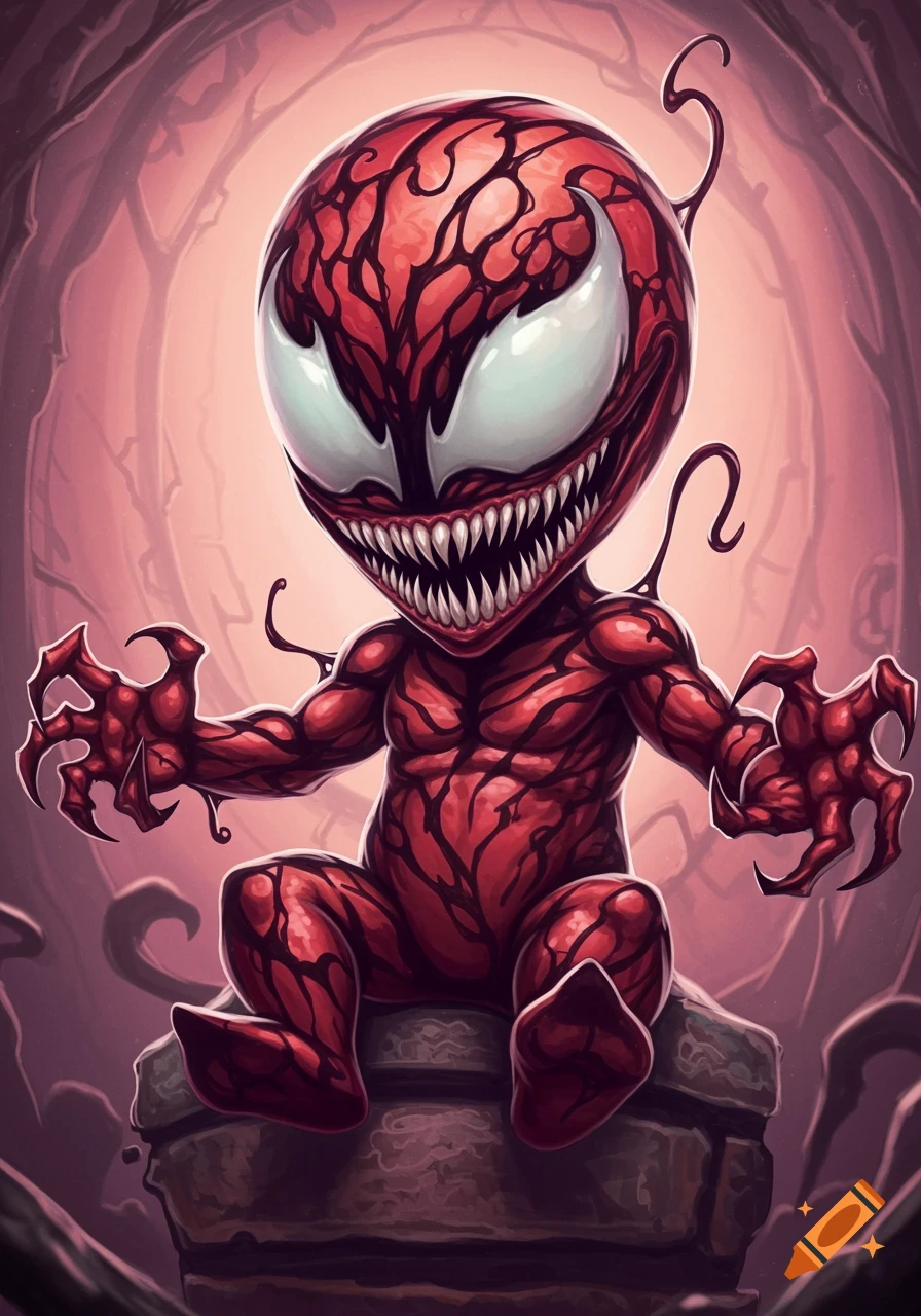 Chibi baby Carnage character with sharp teeth sits on a stone.