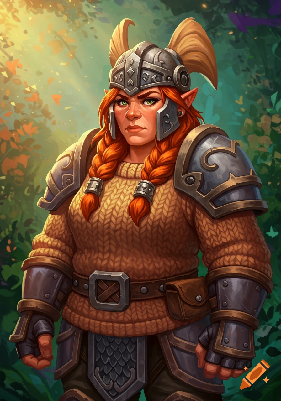 A female dwarf paladin in a knitted sweater and armor stands in a sunlit forest in a digital painting style.
