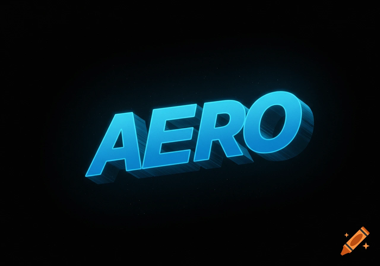 Shiny blue 3D text spelling AERO on a black background.