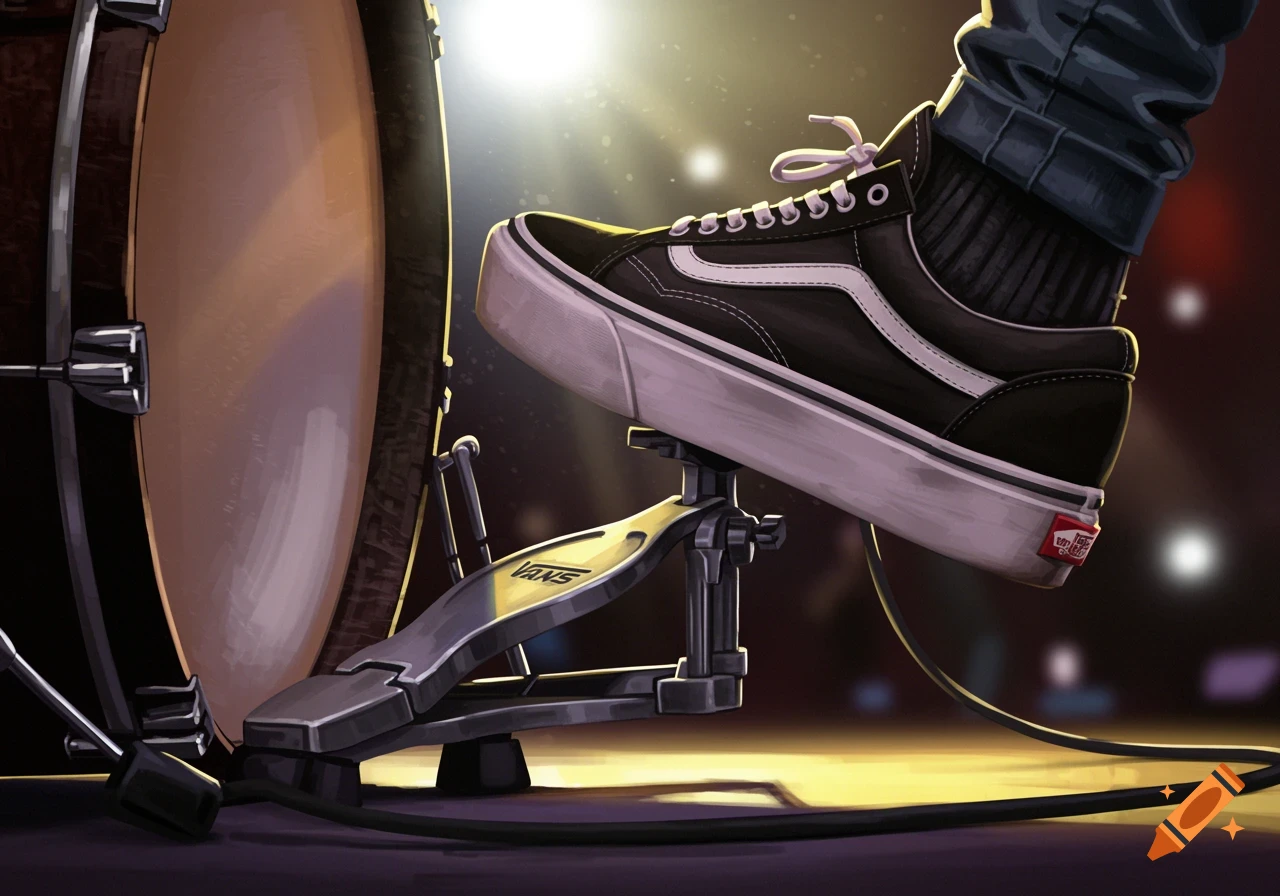 Closeup illustration of a foot wearing a Vans sneaker pressing on a drum pedal during a performance.