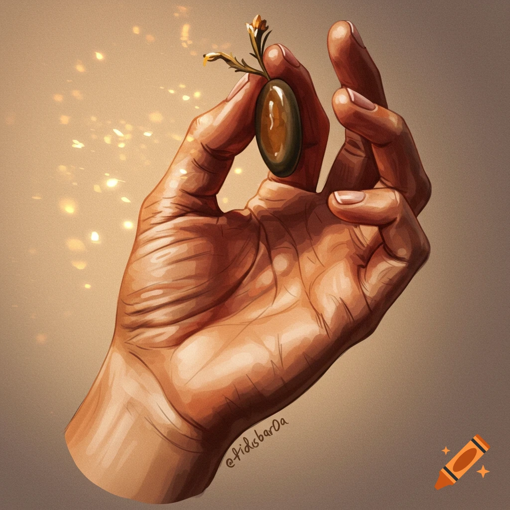 Digital painting of a hand holding a small brown oval object with a golden sprout, surrounded by sparkles.