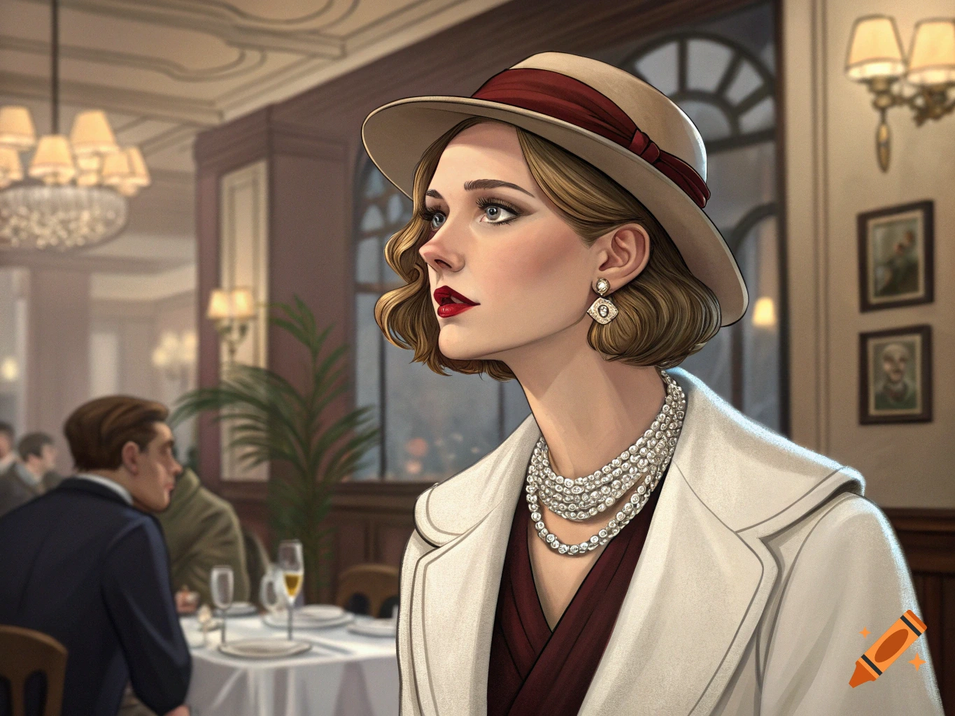 Woman in 1920s hat and pearl necklace in a restaurant, illustrative style
