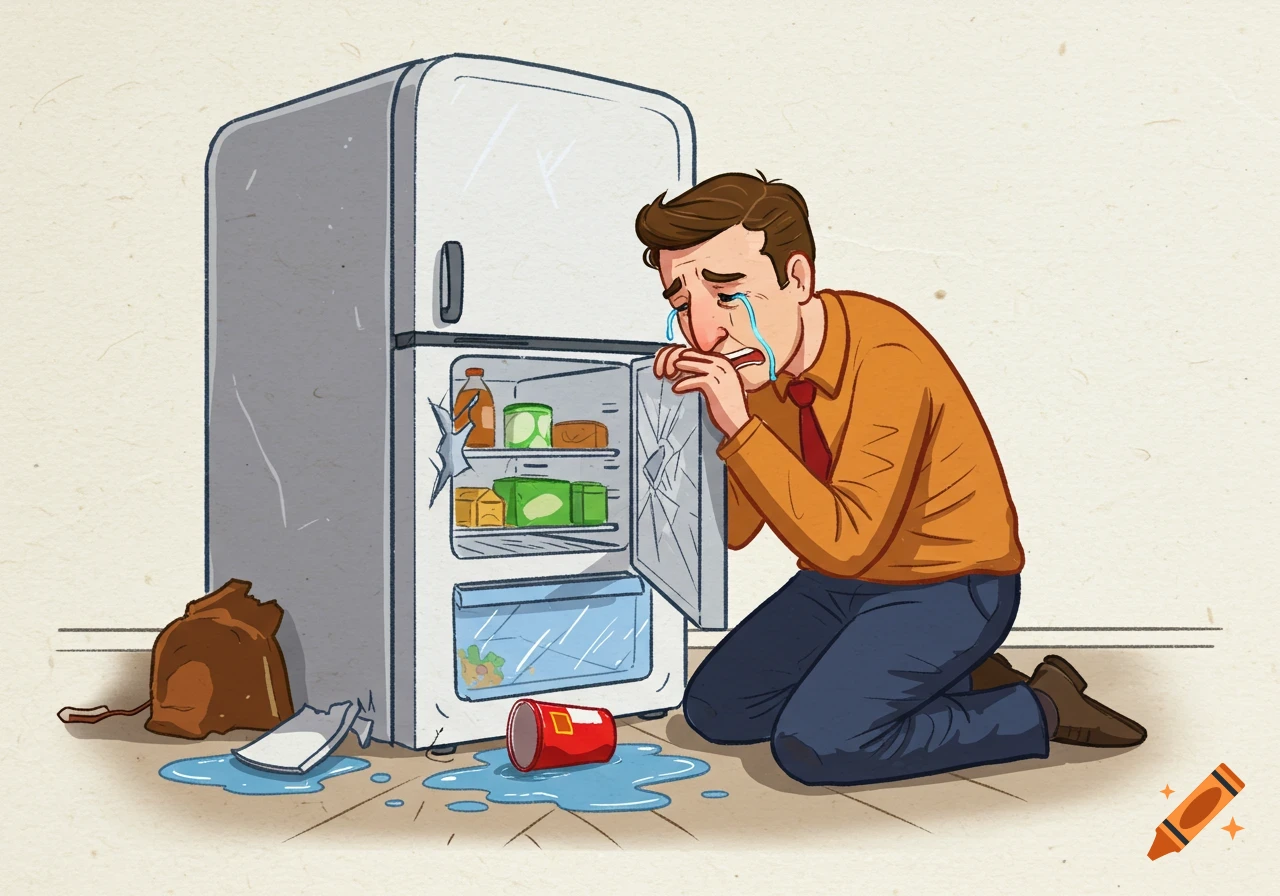 Cartoon man kneels crying beside a broken refrigerator with spilled items.