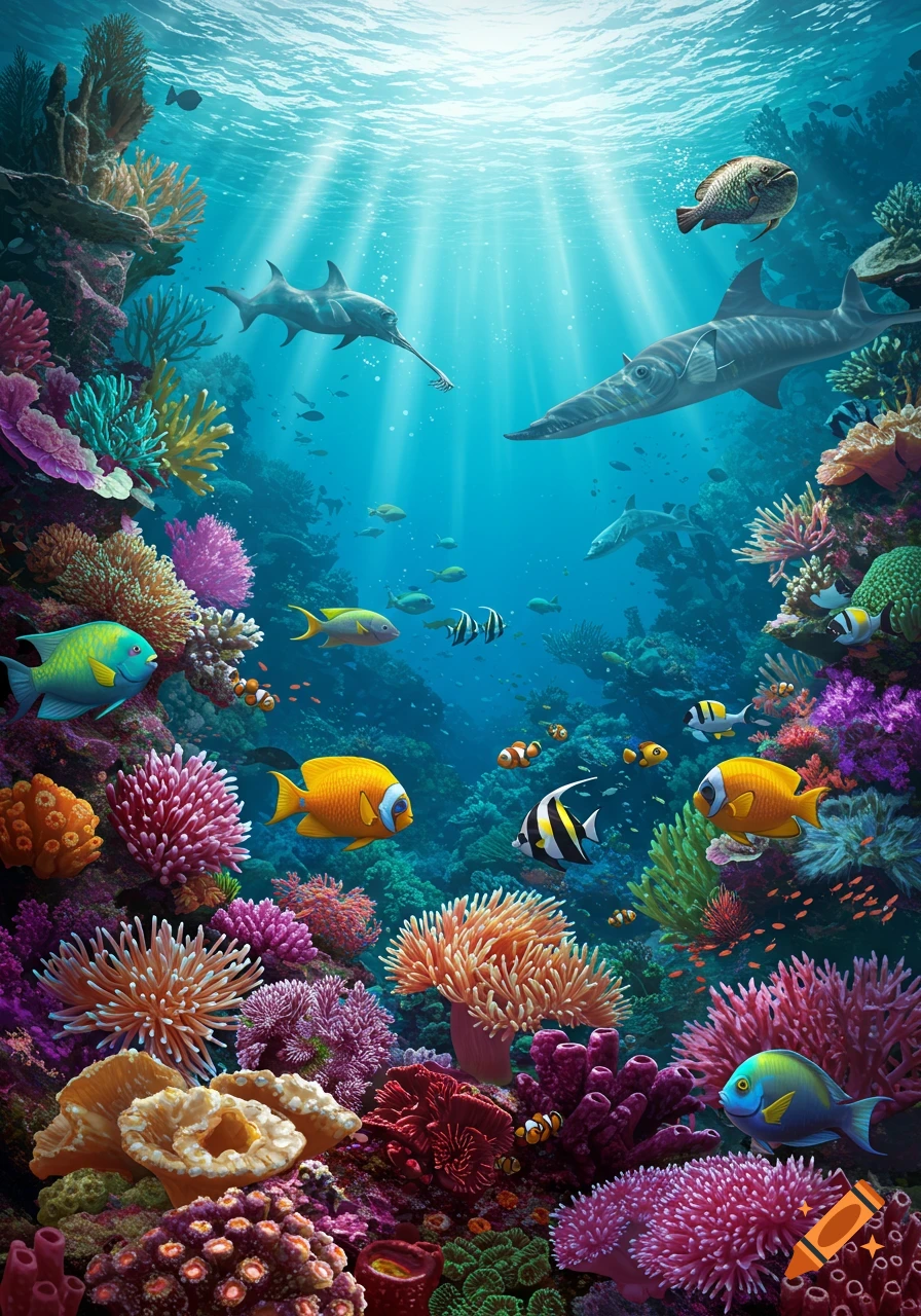 Colorful underwater scene with diverse marine life swimming among vibrant coral reef formations illuminated by sunlight.