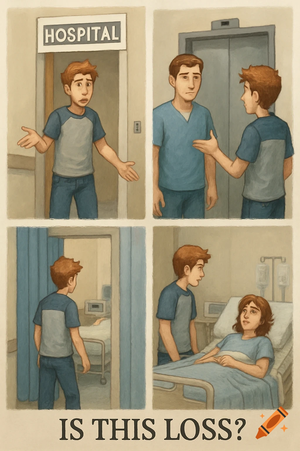 A four-panel comic depicts a man in a hospital encountering a person in  scrubs, then looking into a room, and finally standing next to a woman in a  hospital bed. Text below, image size:1024x1536