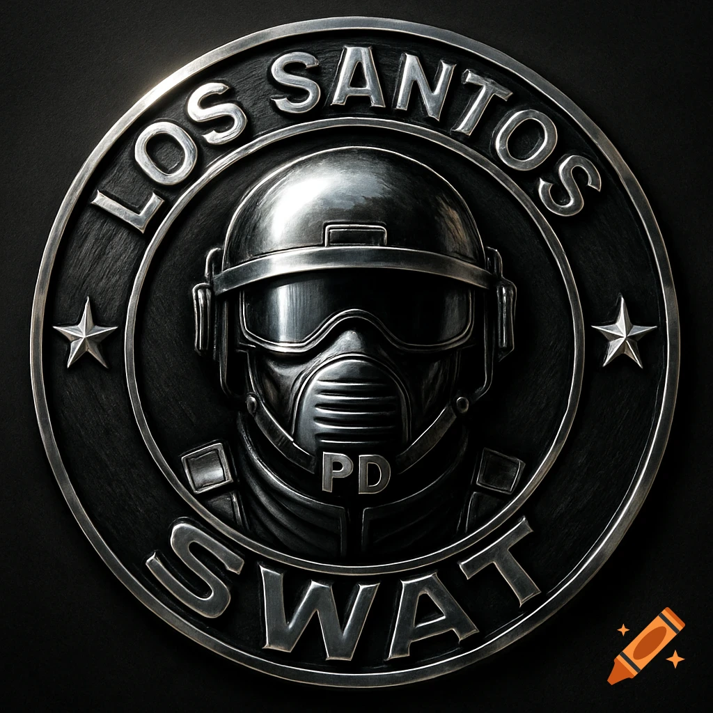 Metallic Los Santos SWAT logo with a helmeted, masked figure.