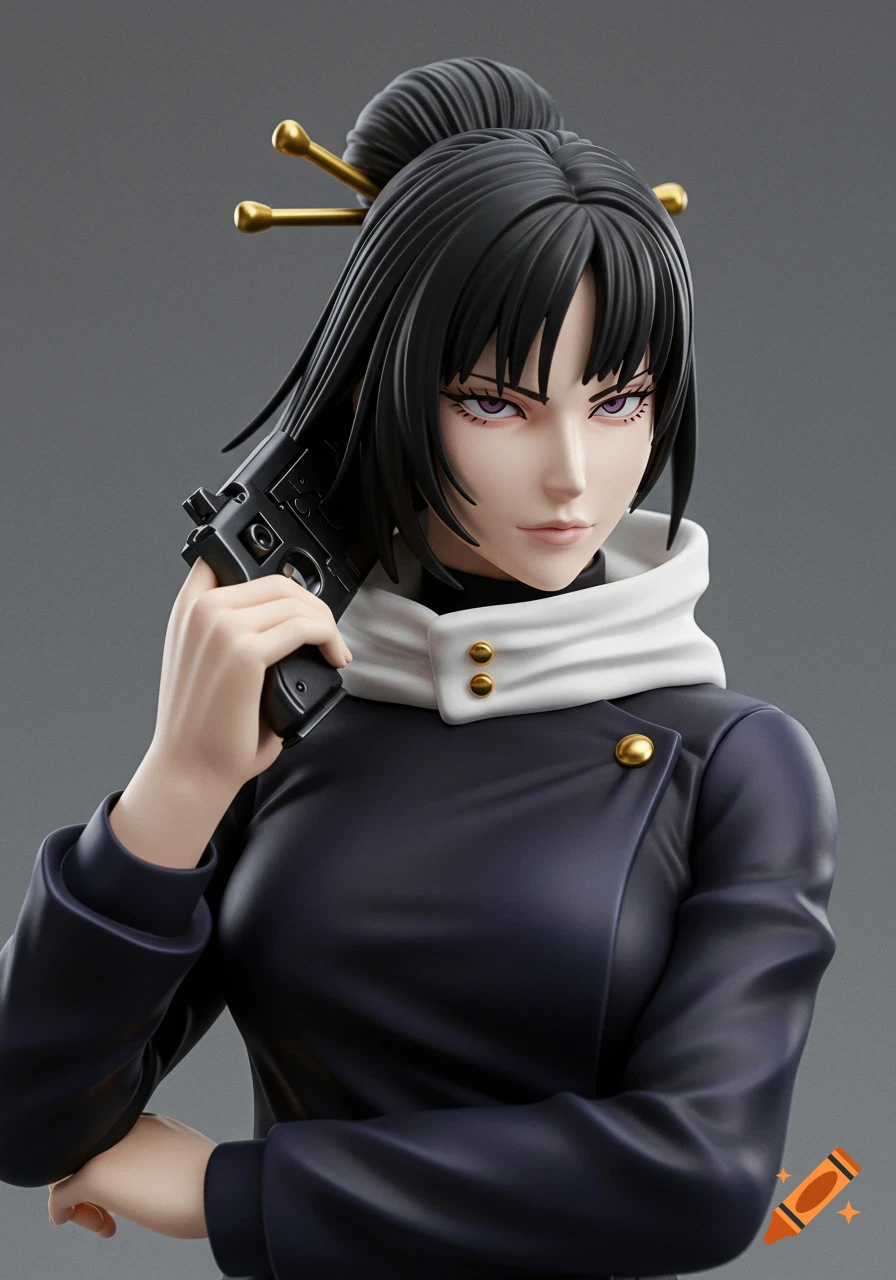 Anime character with black hair holds a gun, likely Mei Mei from Jujutsu Kaisen.