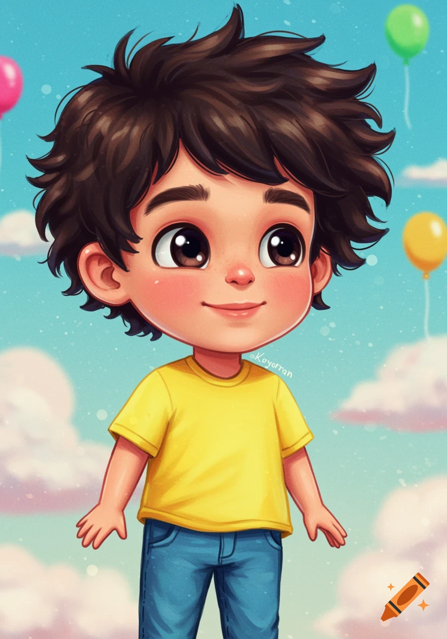 A cartoon boy with big eyes smiles in the sky with balloons and clouds.