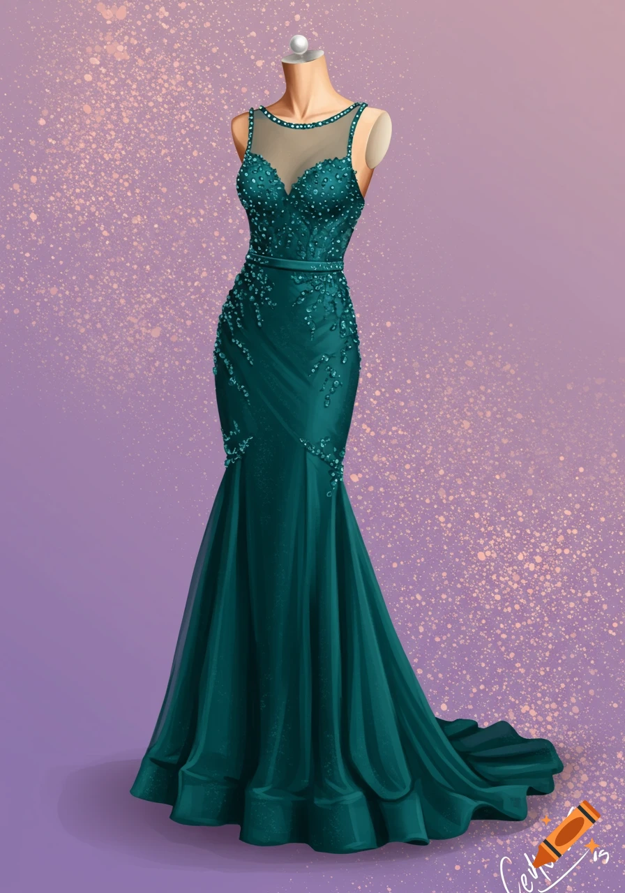 Illustrated green dress on a mannequin