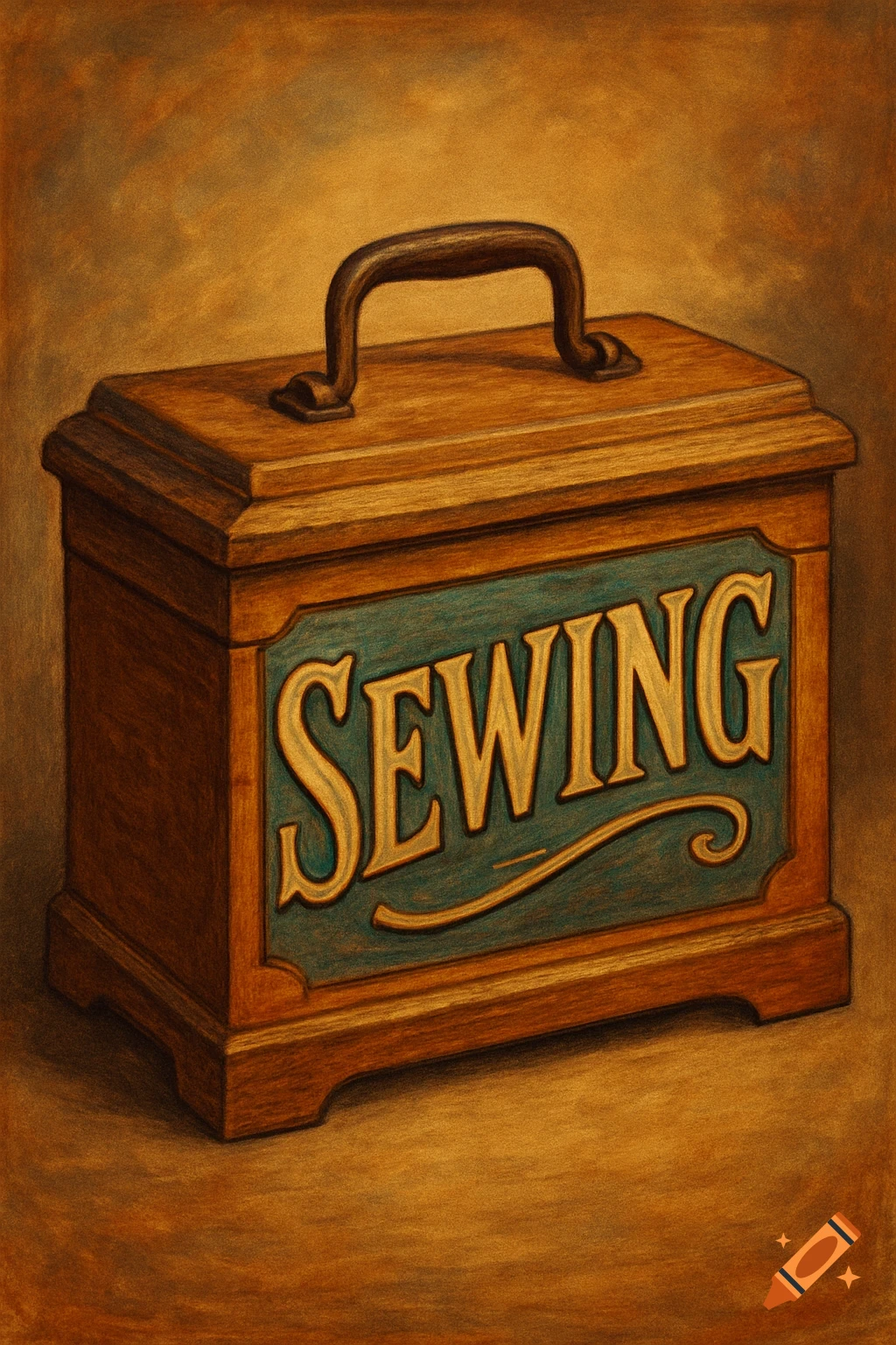A vintage wooden sewing box with the word SEWING on a blue panel, rendered in a textured style.