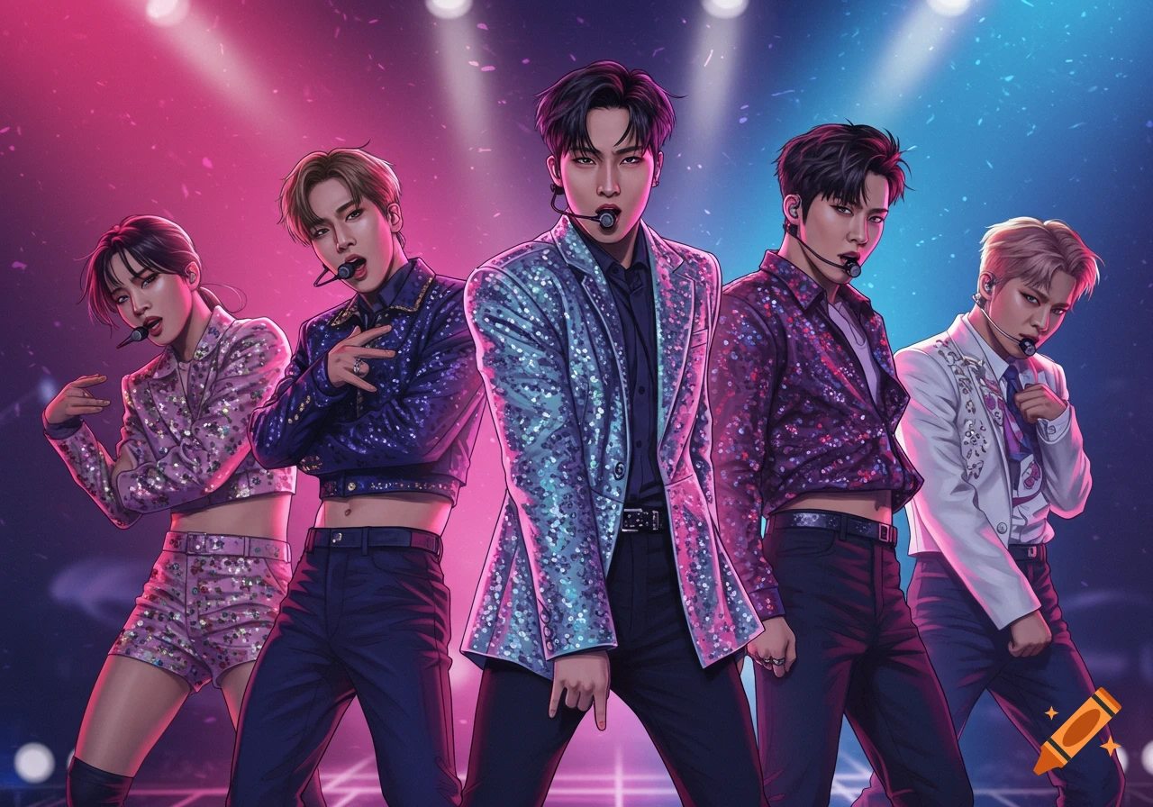 Illustrated K-pop group on stage in sparkly outfits with bright lights.