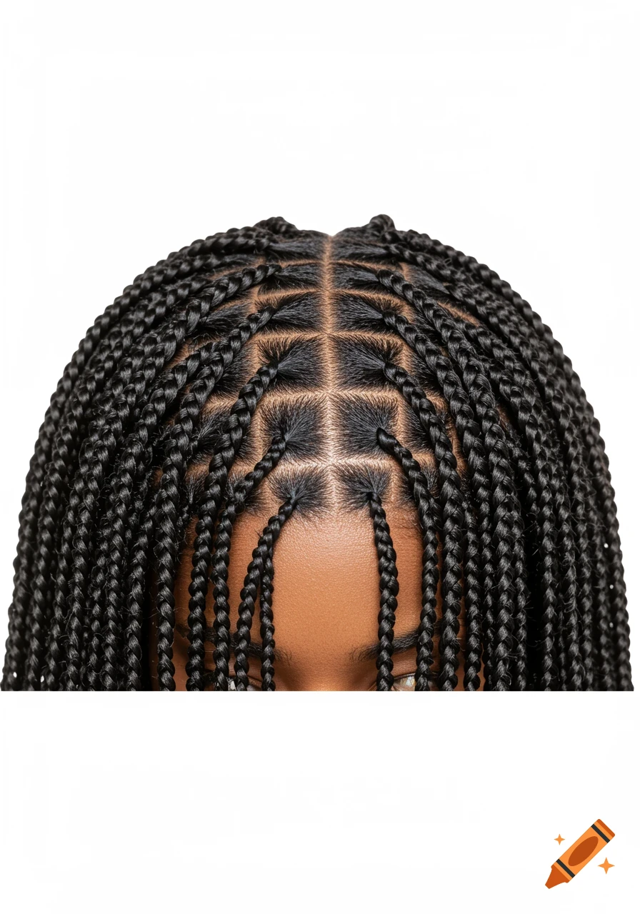 Close-up of box braids on a head showing new hair growth against a white background.