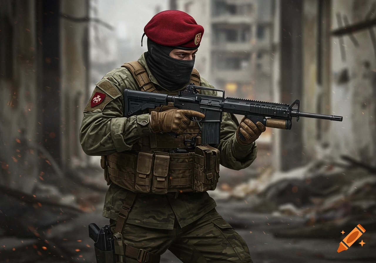 Soldier in tactical gear with red beret and rifle in an urban warzone