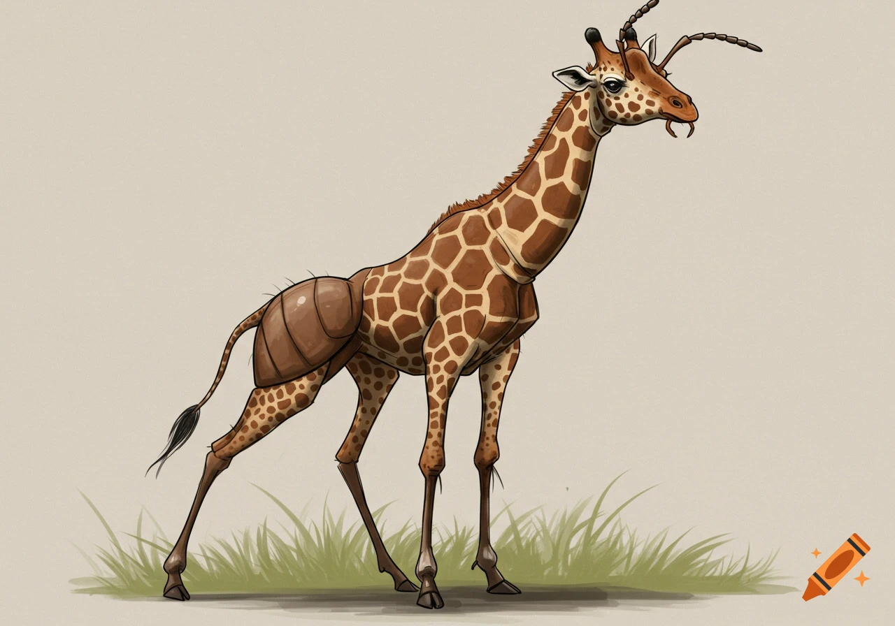 Illustration of a hybrid giraffe-ant creature standing in grass.