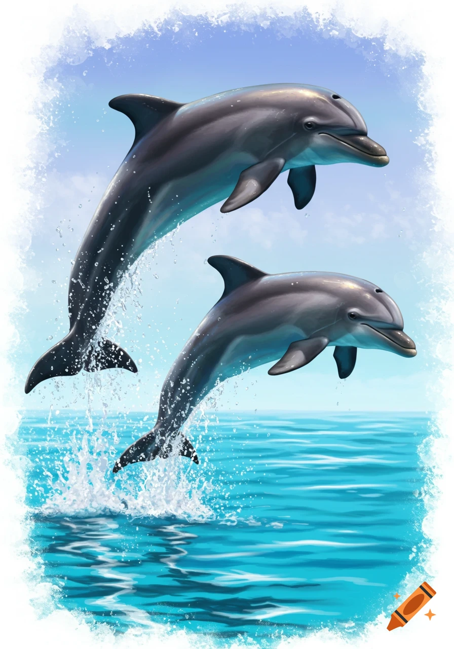 Two dolphins leap out of the ocean with water splashing. Illustration.