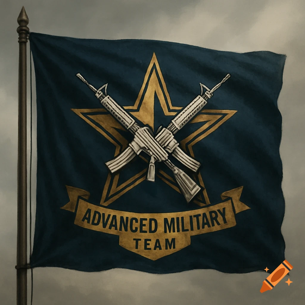 Blue flag with gold star, crossed rifles, and 'ADVANCED MILITARY TEAM' text on a banner.