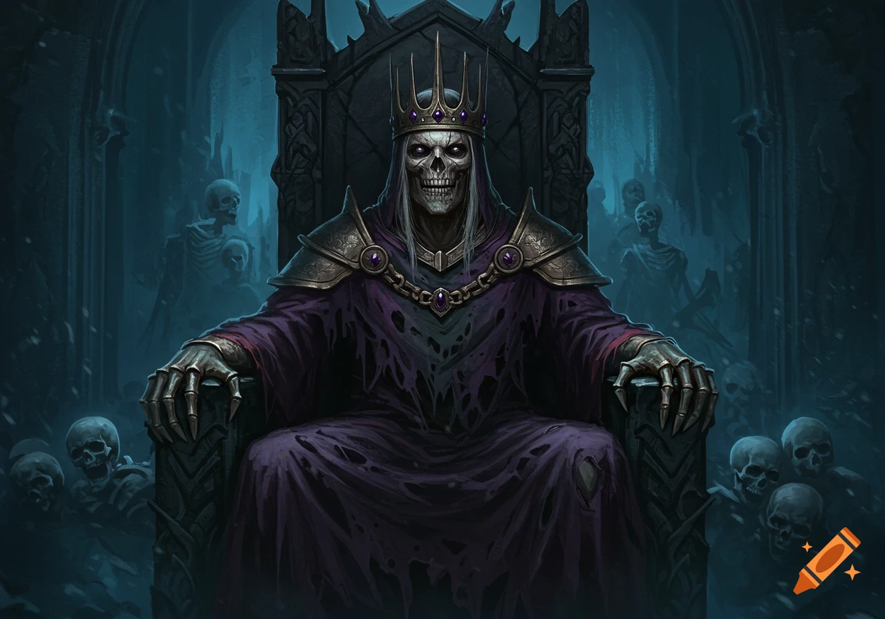Undead skeleton king on a throne in a dark castle hall surrounded by skeletons. Dark fantasy art.