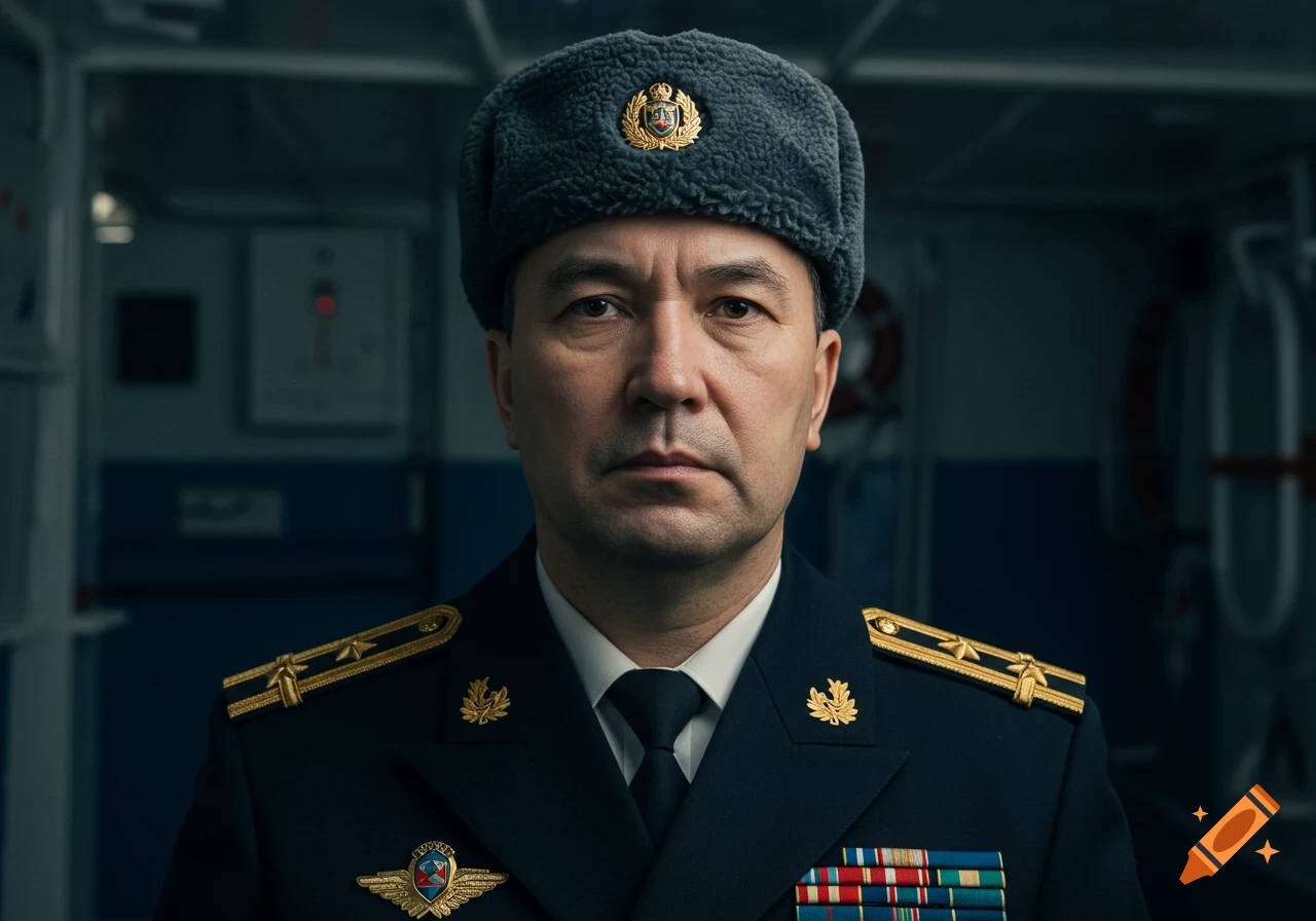 A serious man wearing a naval uniform, tie, and a fur-trimmed hat with an emblem.