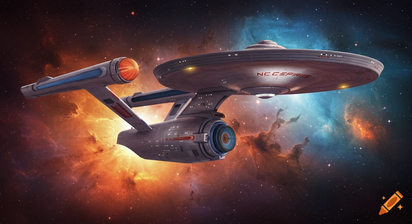 A starship flies through a colorful nebula in space.