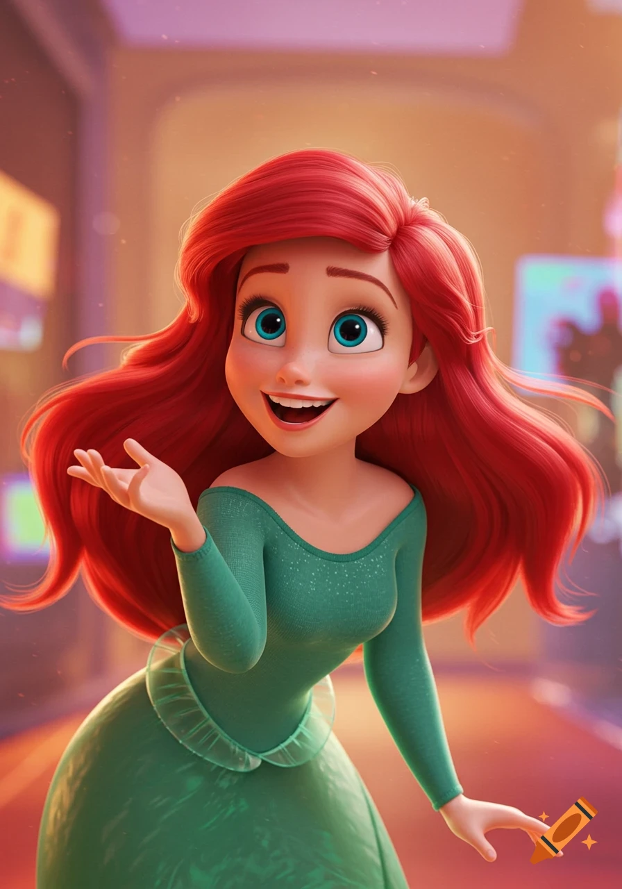 Cartoon Princess Ariel with long red hair and a green dress, smiling in a city scene in Ralph Breaks the Internet style.