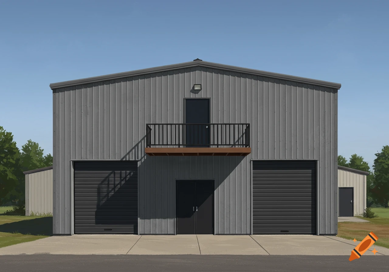 Gray metal building with three garage doors and a balcony