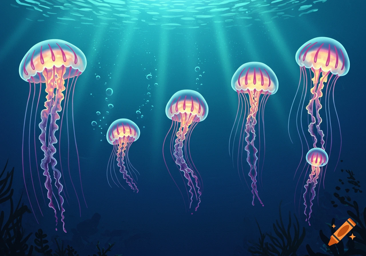 Stylized glowing jellyfish swim in deep blue water with light rays