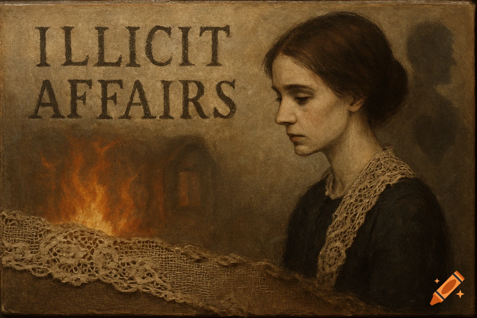 Painting of a woman in profile looking down, with text 'ILLICIT AFFAIRS', fire, and lace, in a textured, dramatic style.