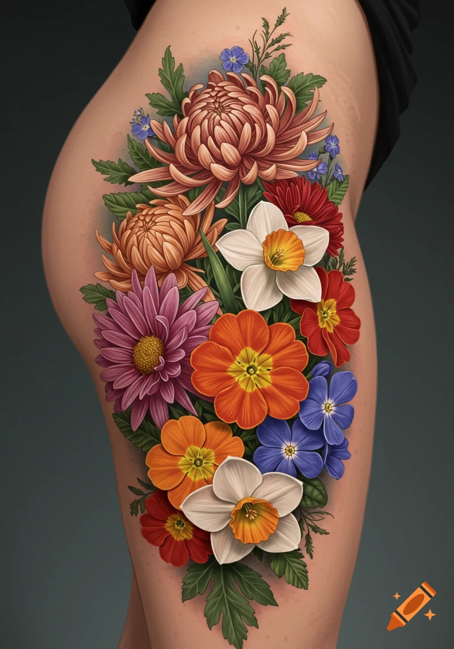 Colorful floral tattoo on a thigh.