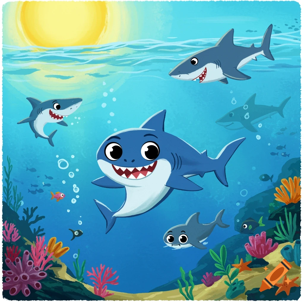 Cartoon baby shark and family swimming underwater with coral and fish