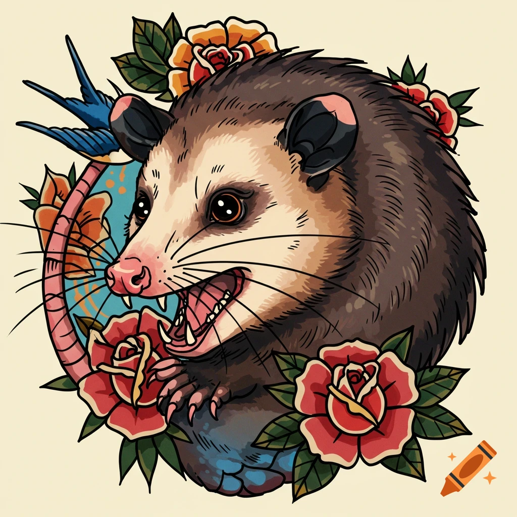 American traditional tattoo design of an opossum surrounded by roses and a swallow.