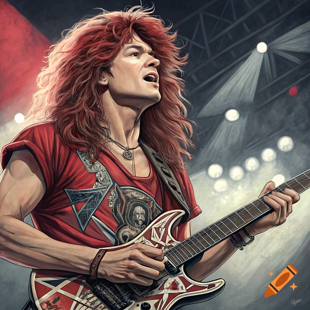 Rock musician with long red hair playing a guitar on stage under spotlights.