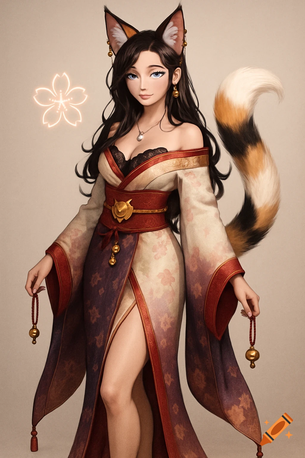 An anime-style woman with cat ears and a tail wears a detailed kimono-like dress, holding bell charms.