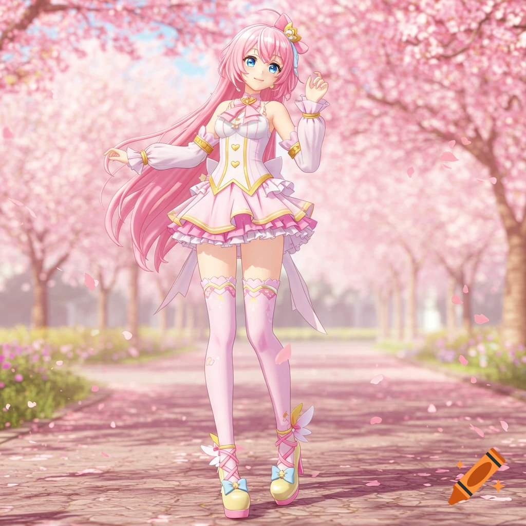 Anime girl in a pink dress stands in a cherry blossom park.