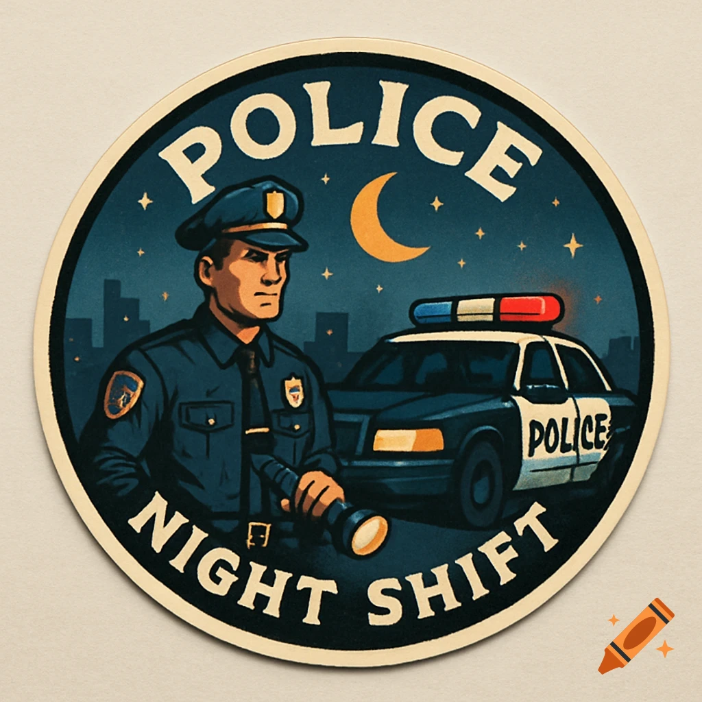 Illustrated police sticker with an officer, police car, and text 'POLICE NIGHT SHIFT' against a night sky.