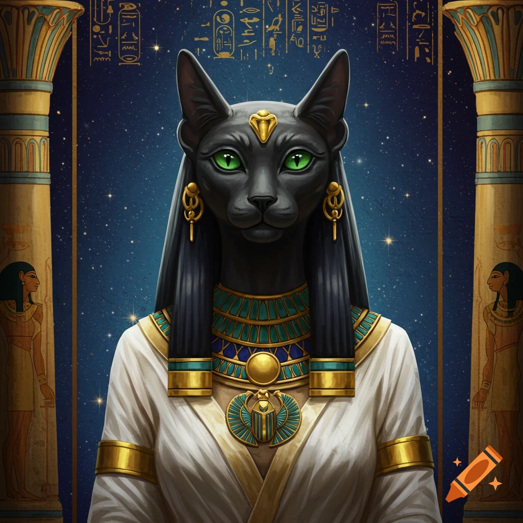 A black cat-like figure in elaborate Egyptian clothing and jewelry stands between two decorated columns against a starry background.