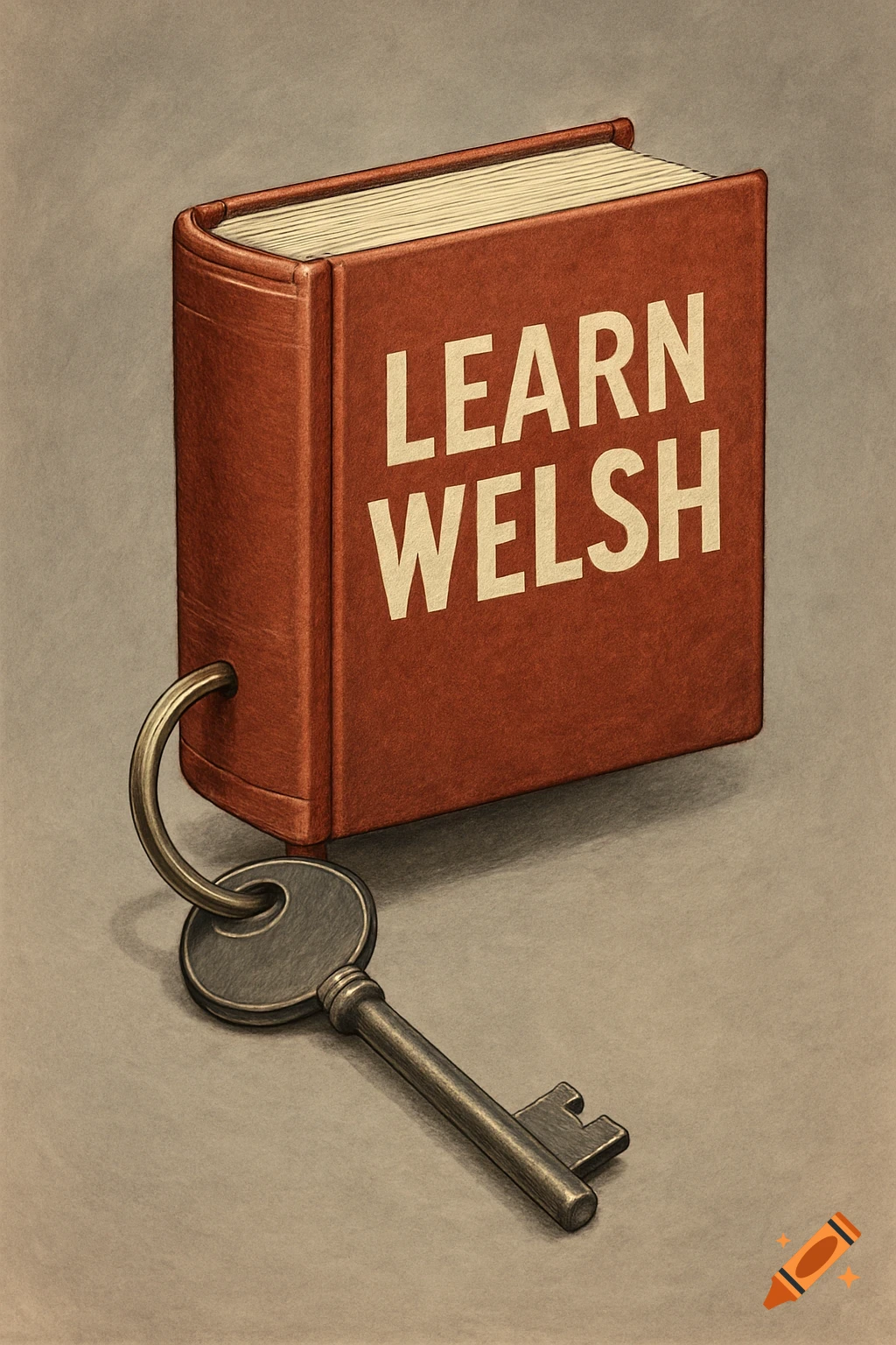 A drawing of a large red book with 'LEARN WELSH' on the cover, attached to a small metal key like a keyring.