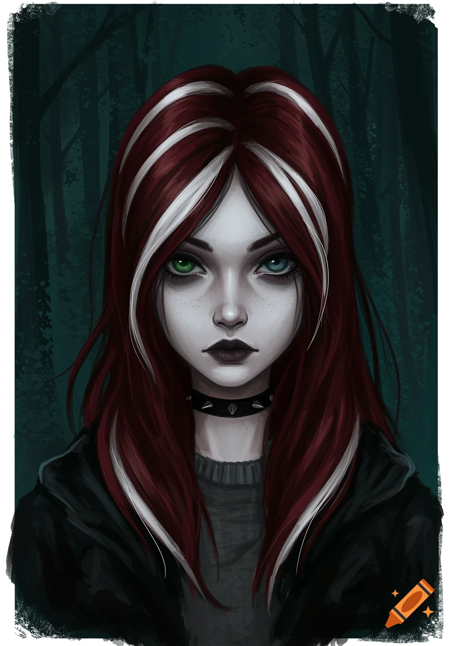 Painted portrait of a girl with red and white hair, heterochromia, spiked collar, and black jacket in a dark forest.